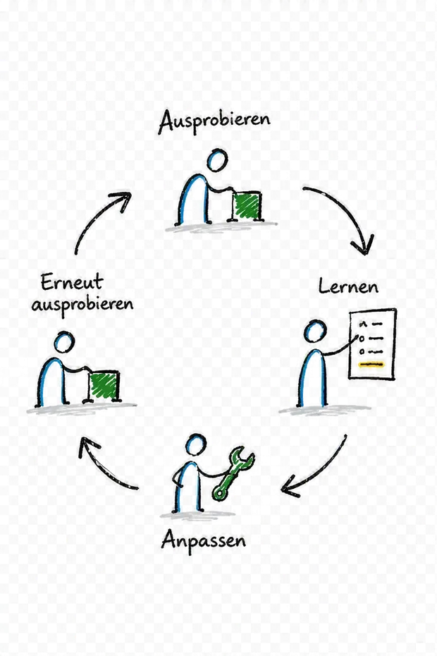 Strichzeichnung eines Kreislaufs: Ausprobieren, Lernen, Anpassen, erneut ausprobieren, als fortlaufende Schleife