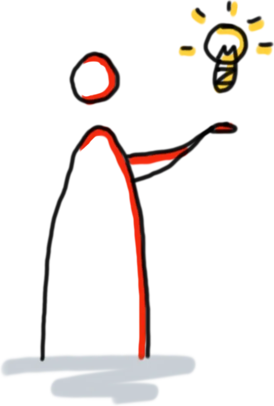 Strichzeichnung einer Figur mit rot hervorgehobener Kontur, die auf eine leuchtende Idee zeigt